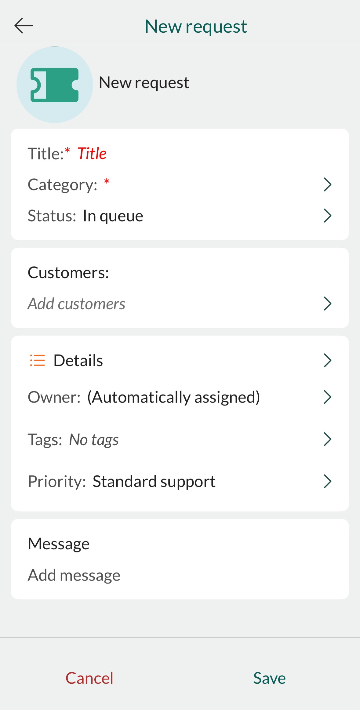 Mobile CRM: new request -app-screen