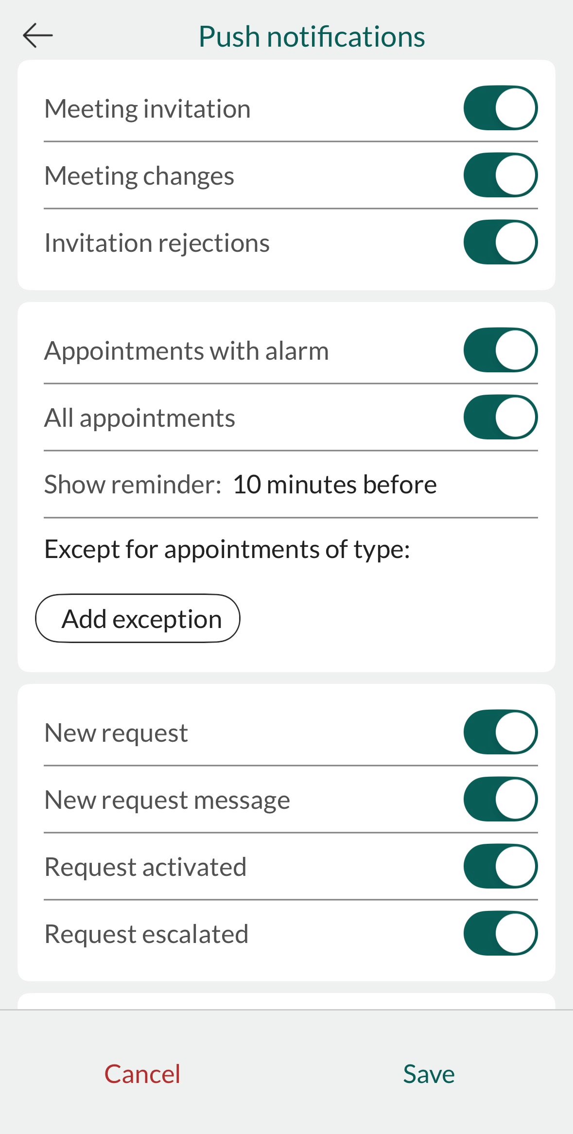 Mobile CRM: Notification settings -app-screen