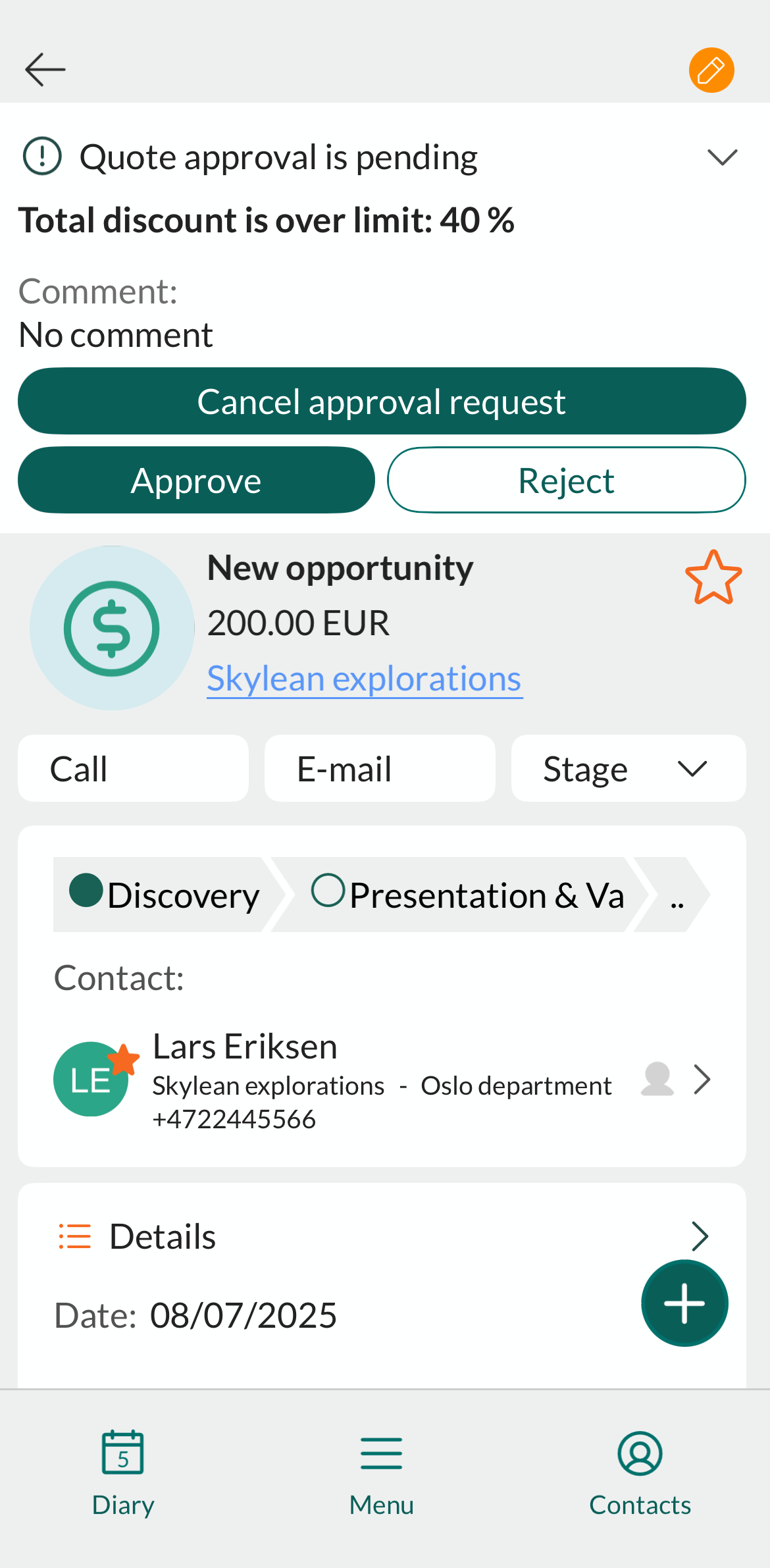 Mobile CRM: Quote pending approval -app-screen