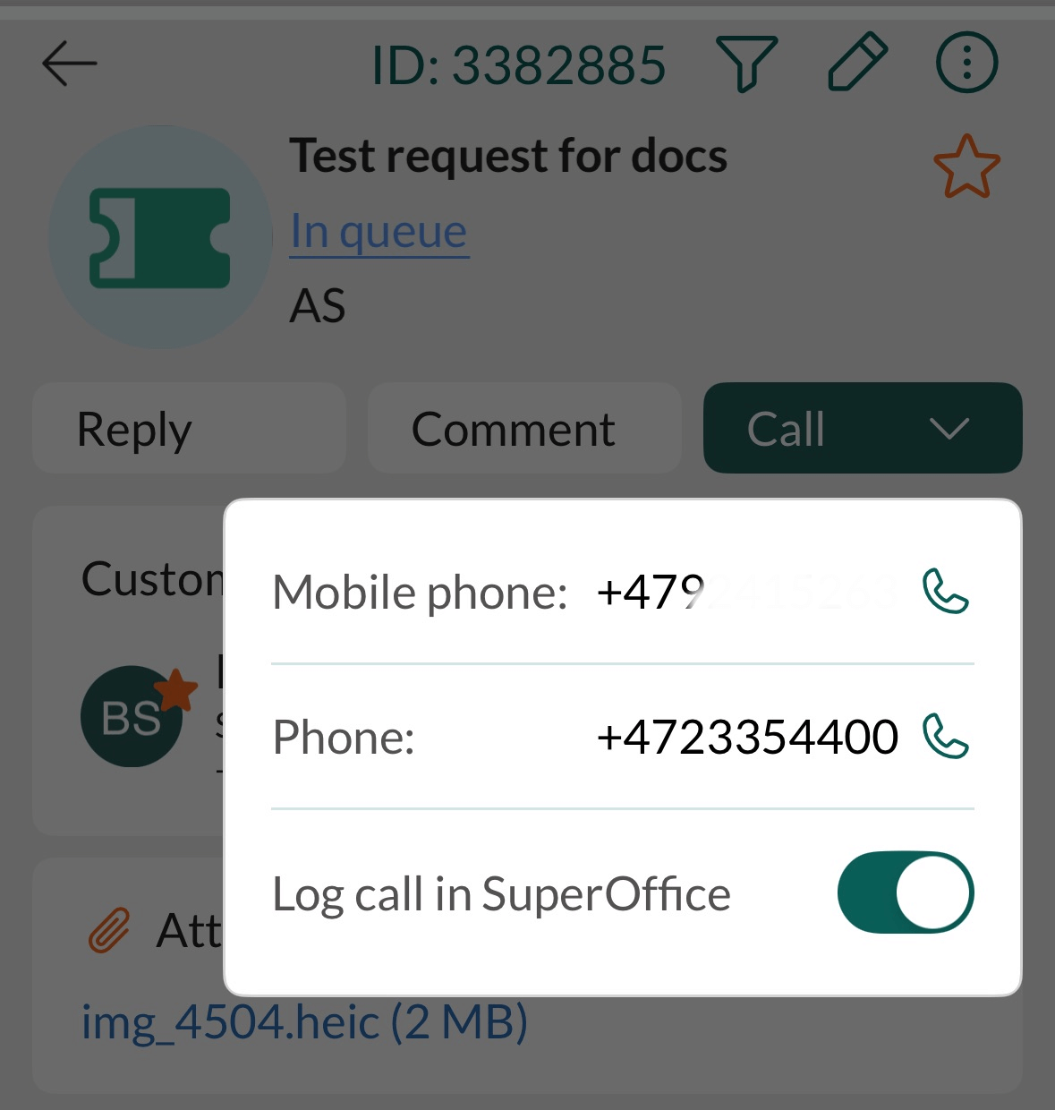 Mobile CRM: call menu in request -app-screen