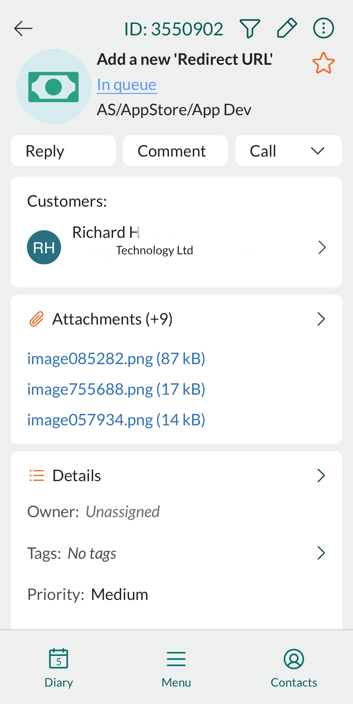 Mobile CRM: Request header showing title, actions, and details -app-screen