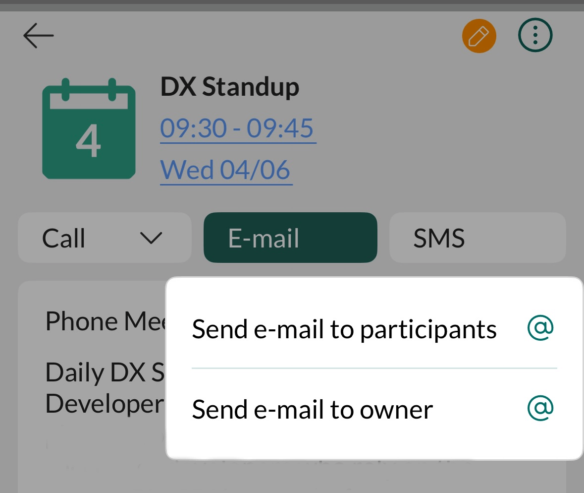 Mobile CRM: Send email from a follow-up in the Diary -app-screen