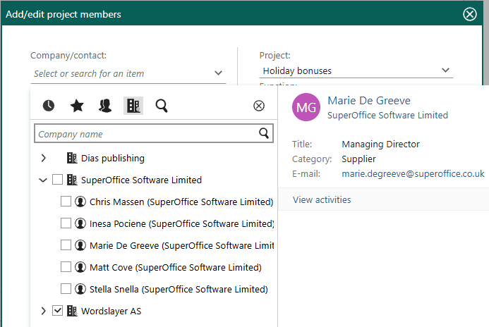 Add/edit project members dialog, company -screenshot