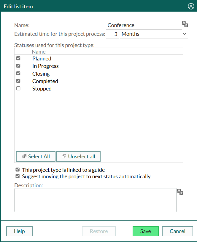 Edit list item dialog showing fields for project type configuration -screenshot