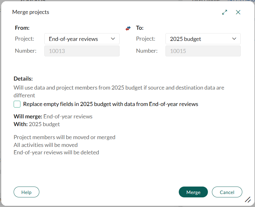 Merge projects dialog showing fields for selecting source and target projects, options to replace empty fields, and a summary of the merge actions. - screenshot