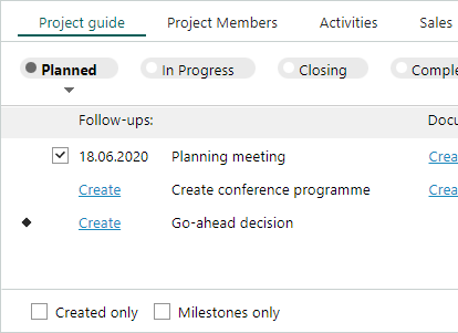 Project guide section tab with overview of Planned status -screenshot