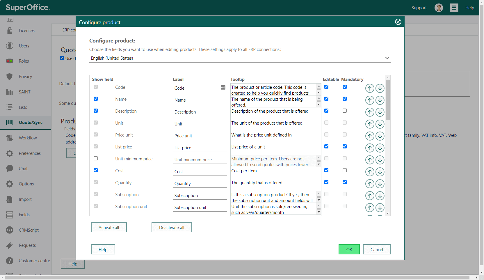 You can change all labels of the fields in the product menu in the Configure product screen -screenshot