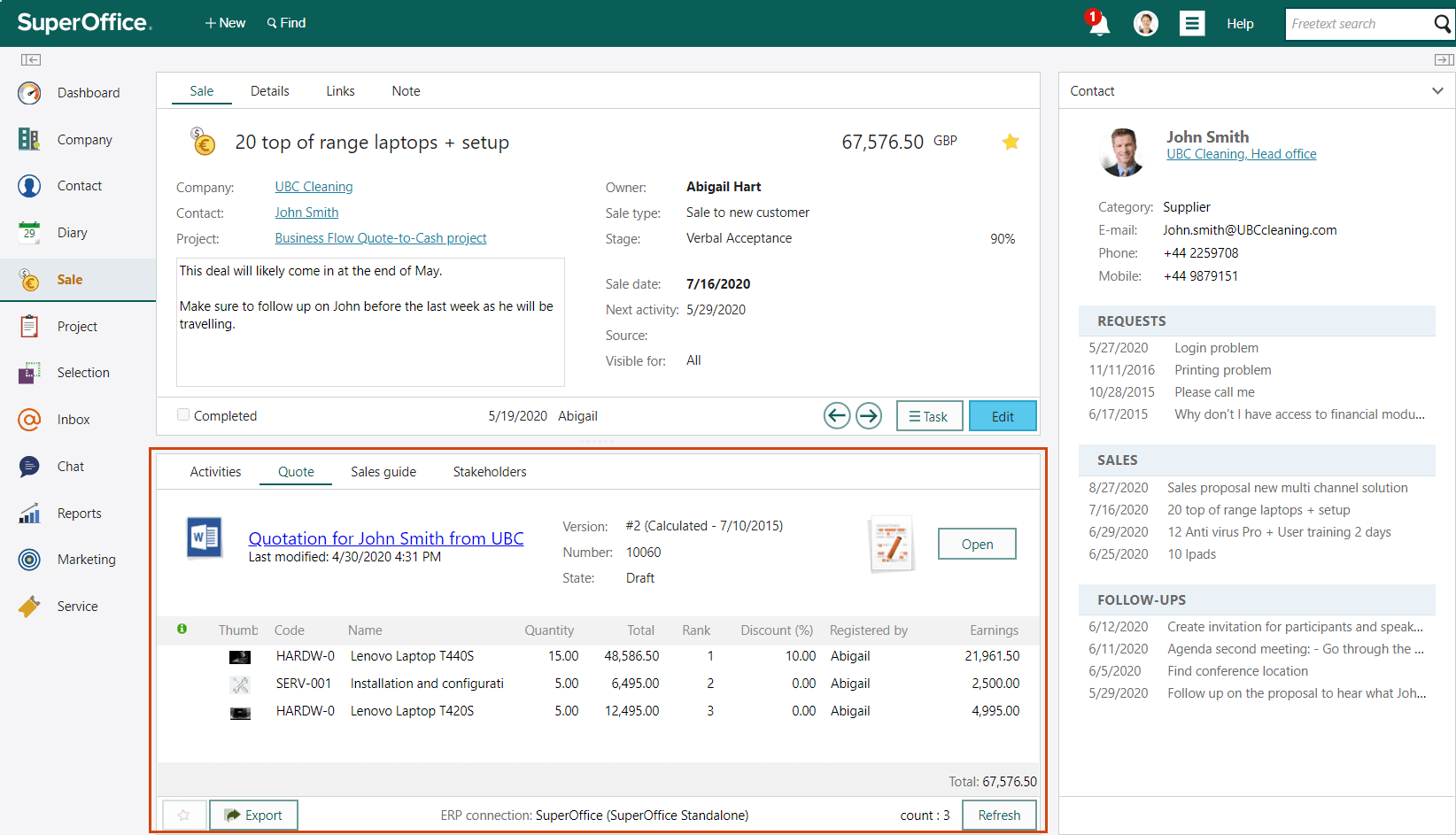 The Quote screen in Sales showing a quotation for John Smith -screenshot