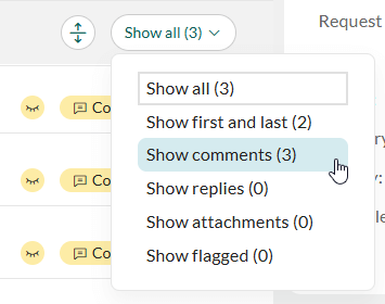 Options to filter list of messages on a request -screenshot