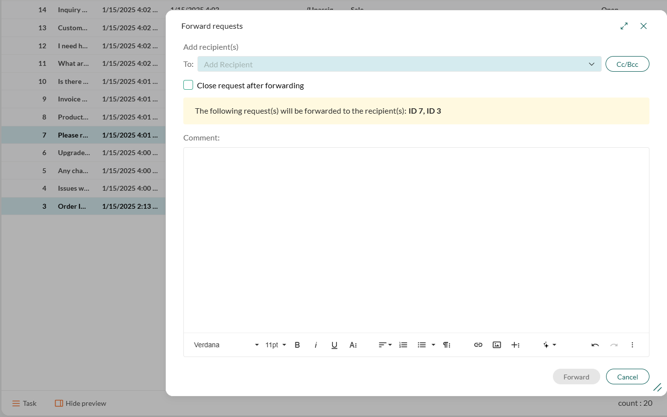 Add recipient to bulk forward requests to an external contact - screenshot