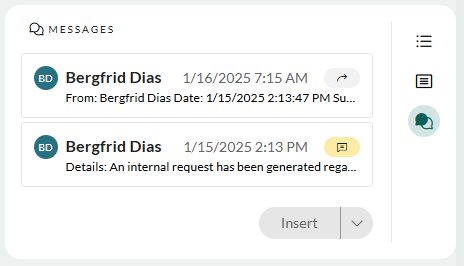 Message list in the Properties panel with a selected message ready to be inserted -screenshot