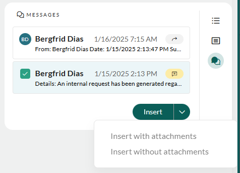 Insert button with options: Insert with attachments and Insert without attachments -screenshot