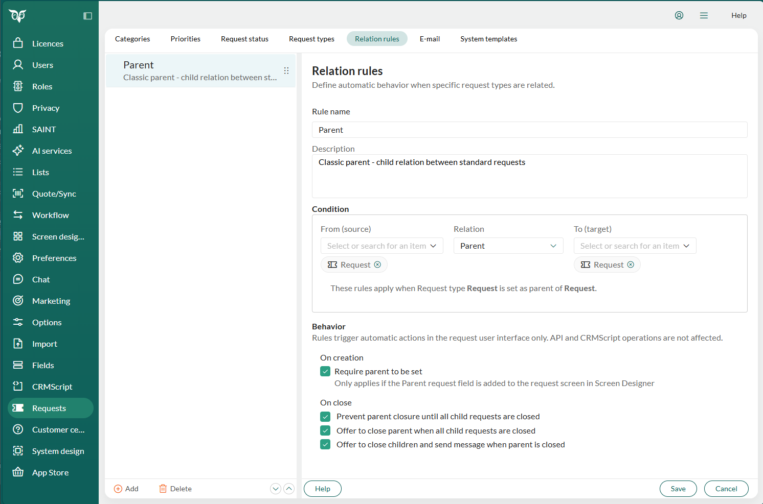 Settings and maintenance, Relation rules -screenshot