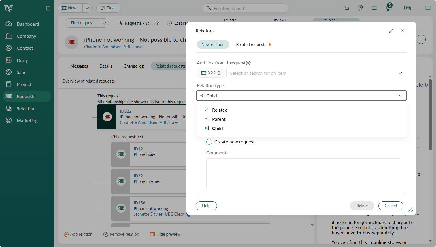 Request - Add relations between multiple requests –screenshot