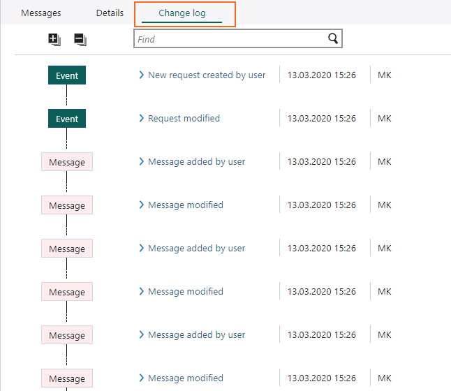 The change log on a requests shows all the different changes done on the request -screenshot