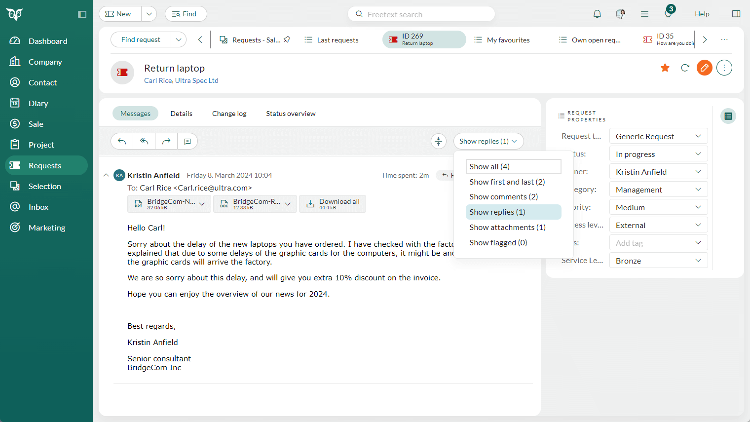 The request messages can be filtered on comments and replies –screenshot