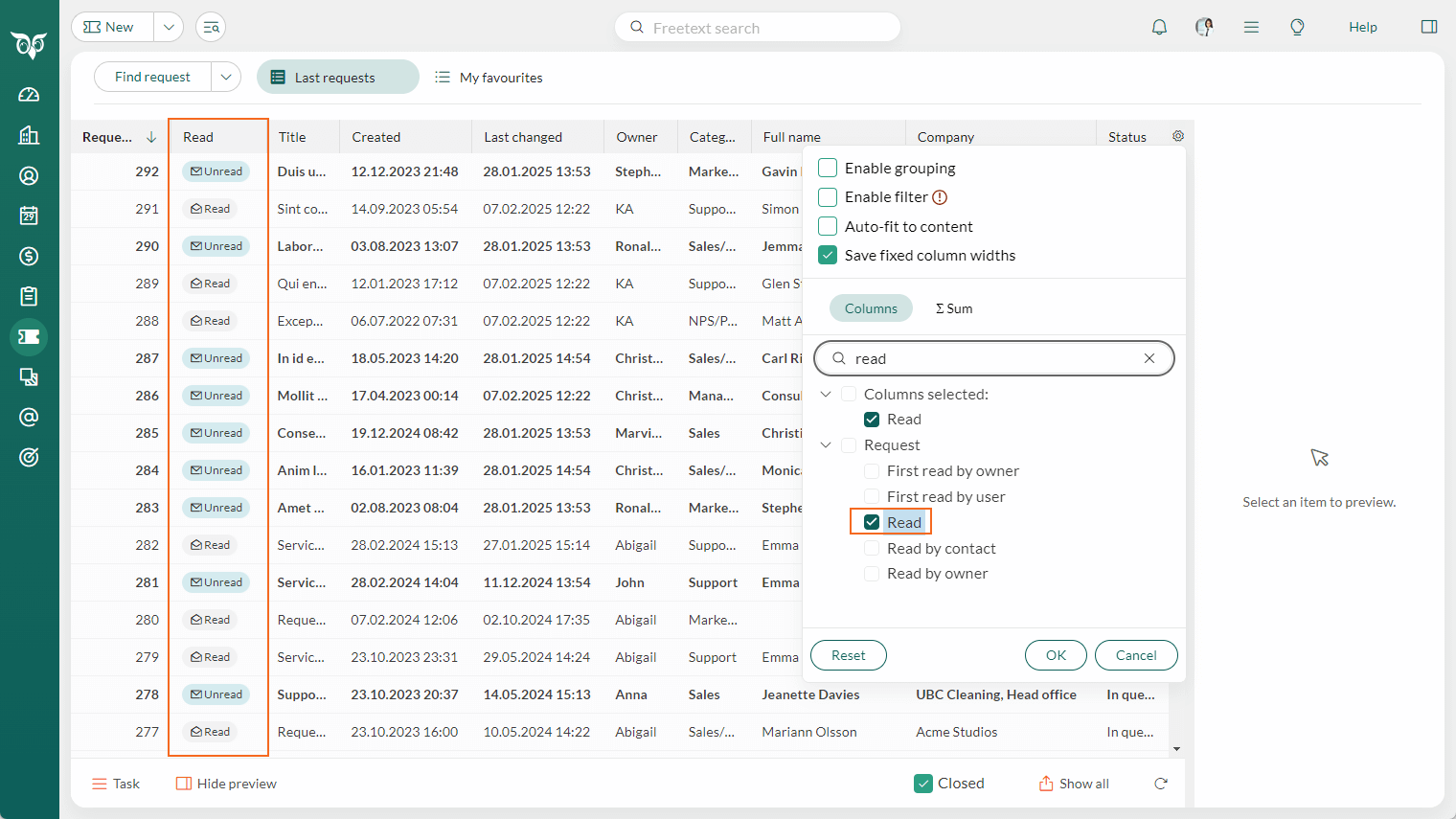 Request lists - Visual indicator in the Read column -screenshot