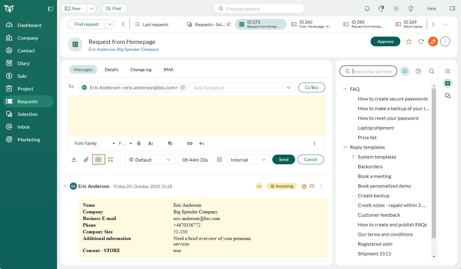 Click the FAQ/Reply template to get the overview of content in the request properties side bar –screenshot