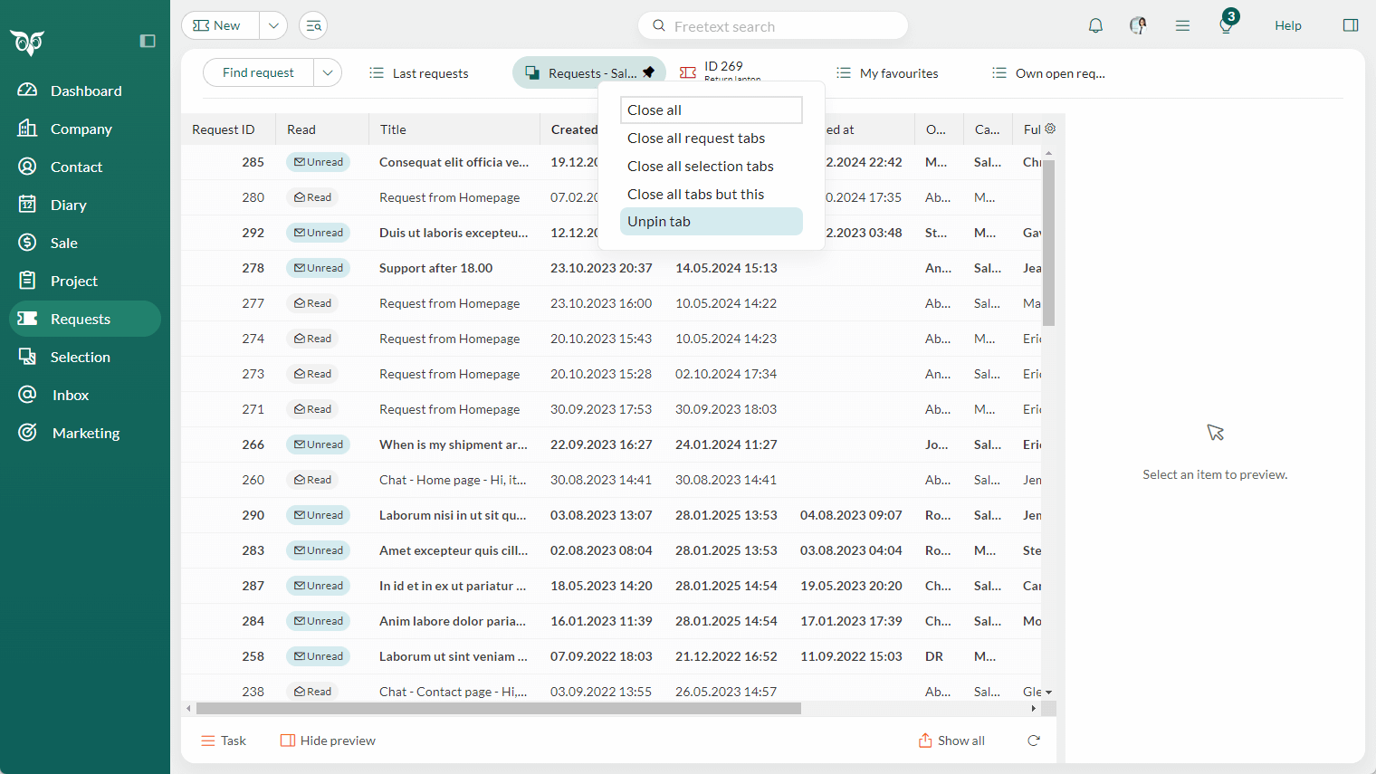 Context menu with pin tab option for request list in the tab bar -screenshot