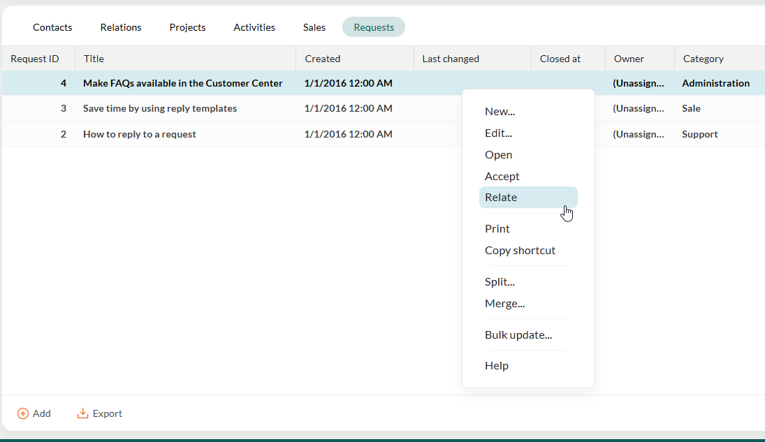 Context menu showing Relate option -screenshot