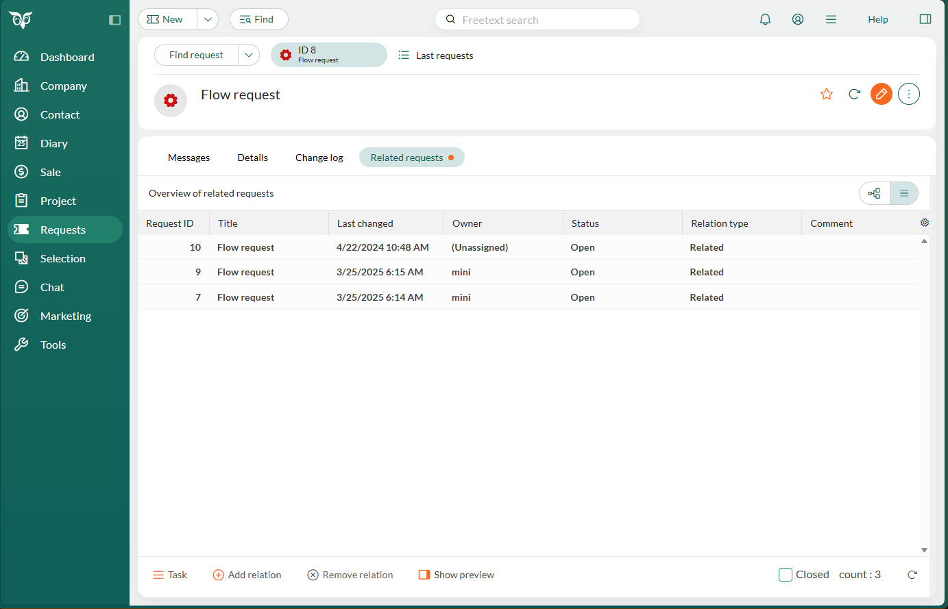 Request relations in list view -screenshot