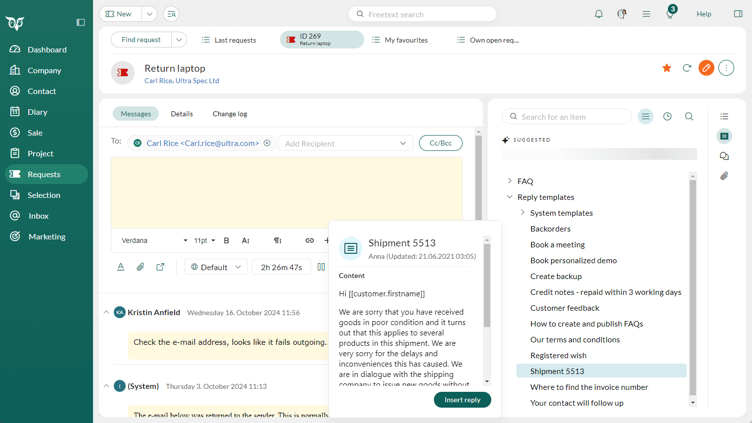 Reply tools in the properties sidebar showing templates, FAQs, messages, and attachments -screenshot
