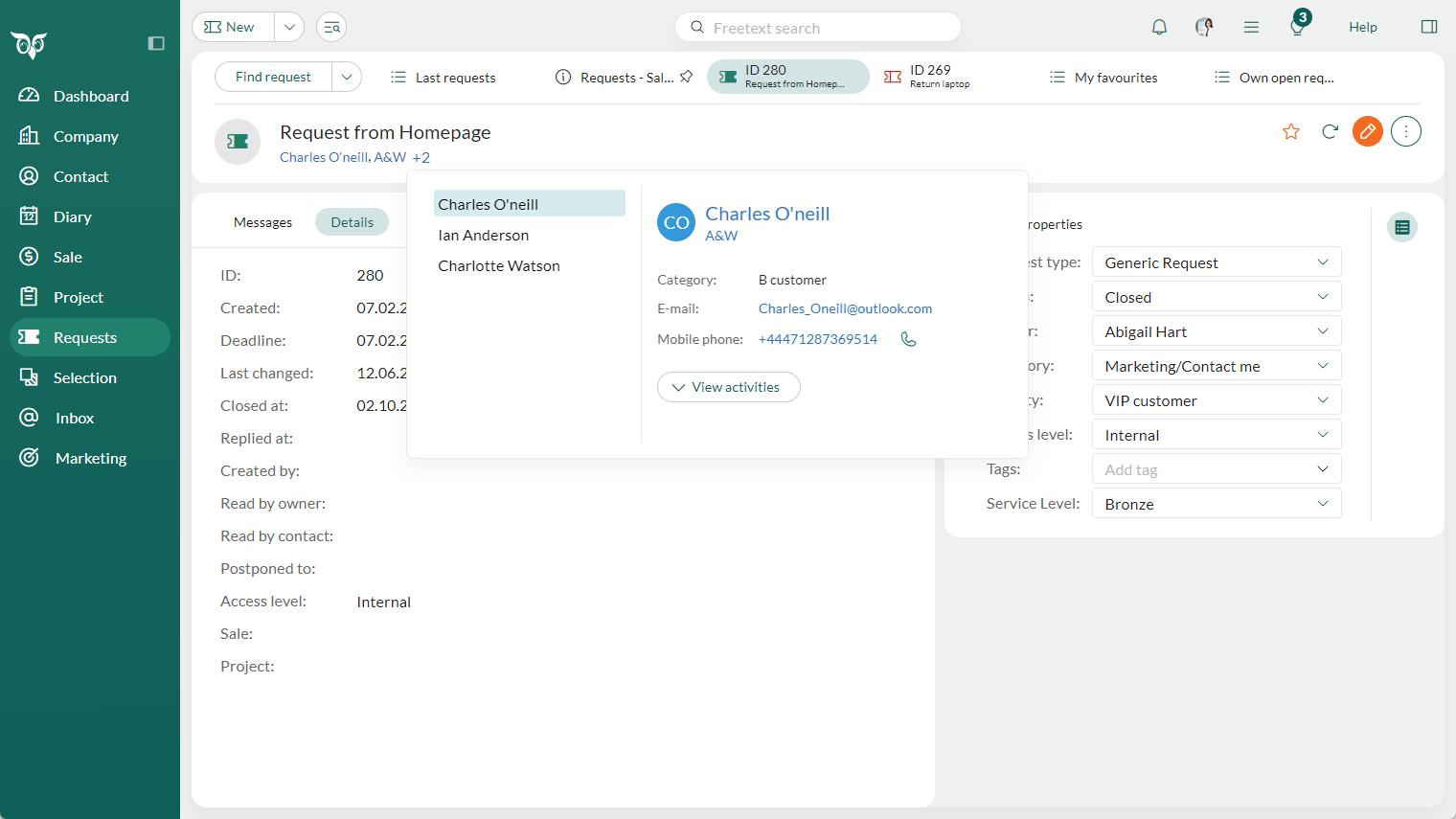 Linked contacts shown in a request with a +2 button to view all associated contacts -screenshot