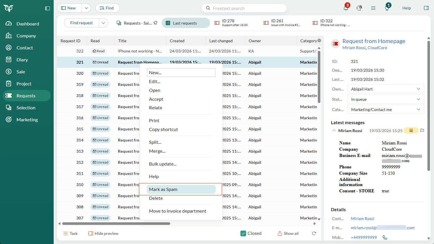 Right-click requests in a list and select Mark as Spam -screenshot