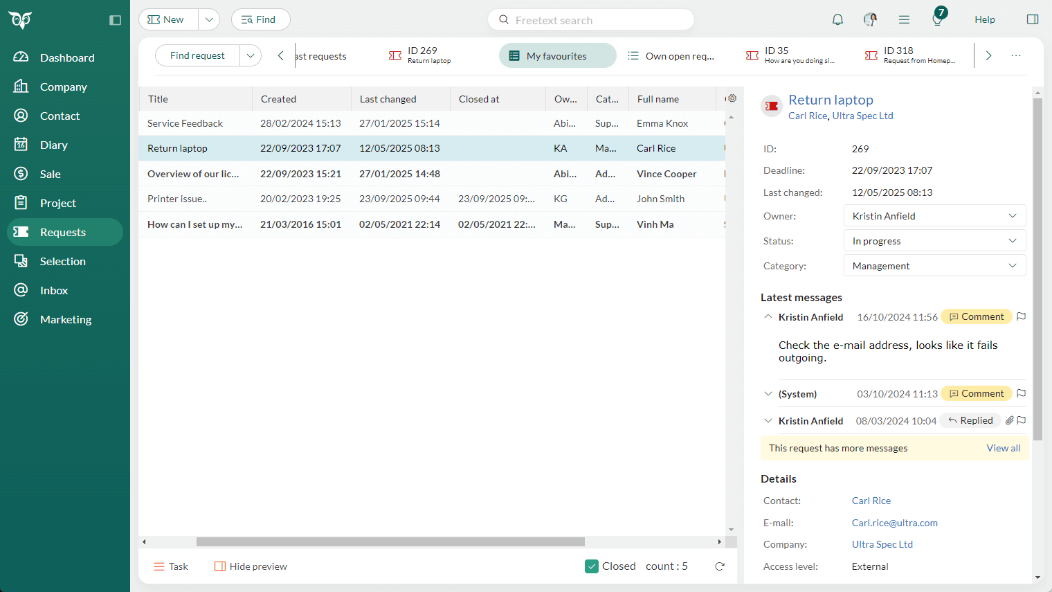 The request messages show the same time in preview and in the list –screenshot