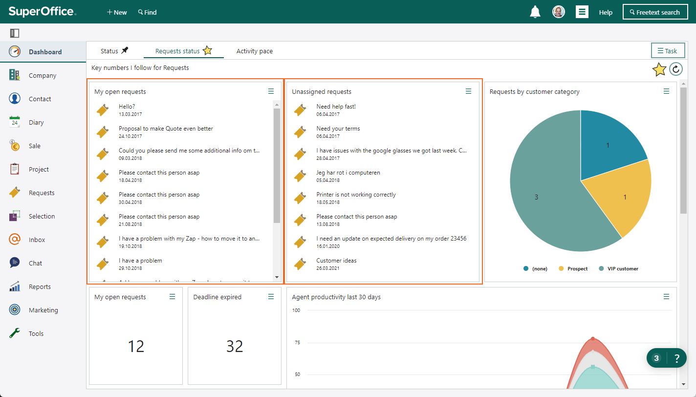 Dashboard for Requests with lists of own open requests and a queue for unassigned requests. Here you can pick a request to handle -screenshot