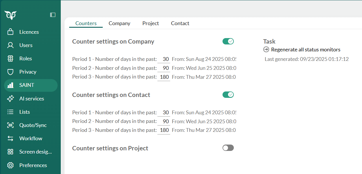Edit the SAINT counter settings in the Counters tab -screenshot
