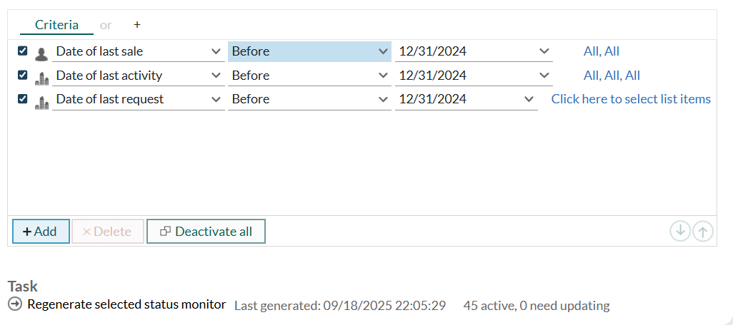 Criteria list with multiple conditions defined and the Add button below the list -screenshot