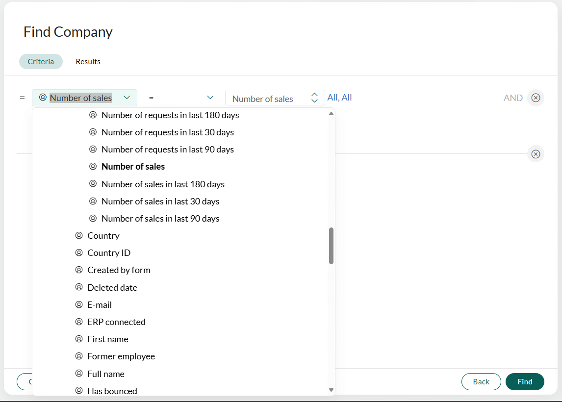 saint criteria's screen to find customers without a follow-up -screenshot
