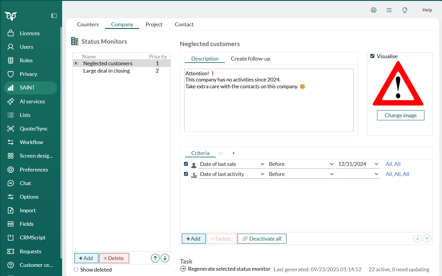 SAINT screen with status list, description, image, and criteria -screenshot