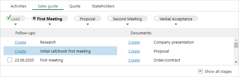 Sales guide with all follow-ups and documents for all stages -screenshot