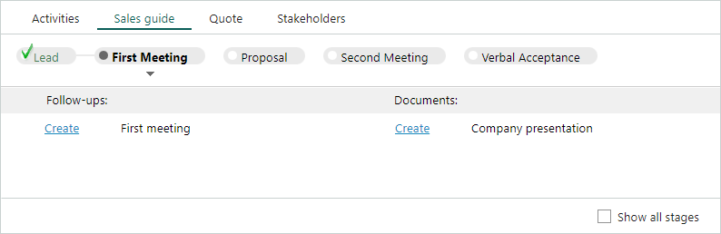 Sales guide with follow-ups and documents only for the current stage -screenshot