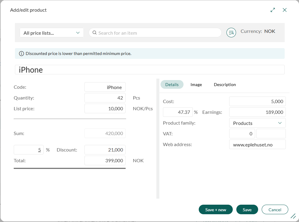 Add/edit product dialog -screenshot