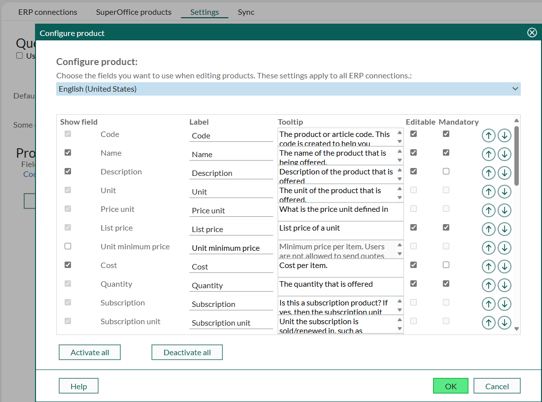 Configure product dialog -screenshot