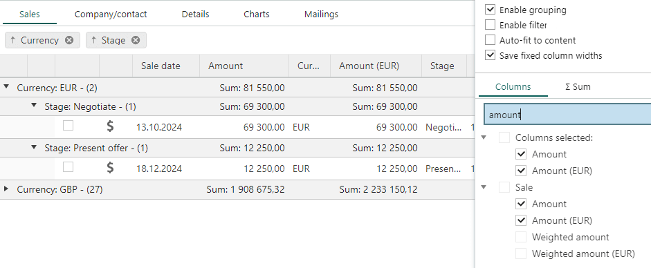 Sales section tab - sum of amount for base currency -screenshot