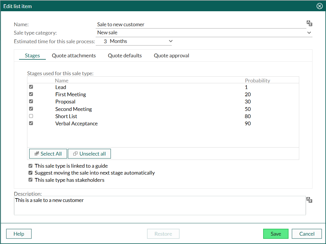 Edit list item dialog showing fields for sale type configuration -screenshot