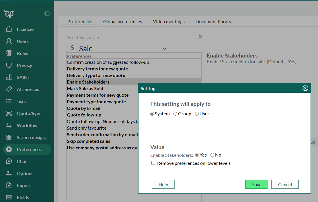 Enable stakeholders setting -screenshot