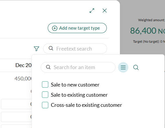 Click the funnel icon to filter sales targets by sub-type -screenshot