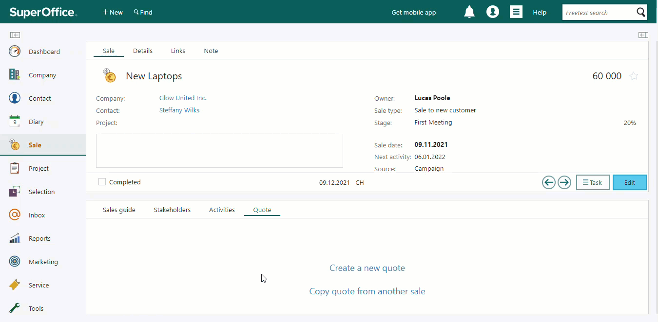 After clicking the button to create a quote, you can start adding your products and services to the quote (animated) -screenshot