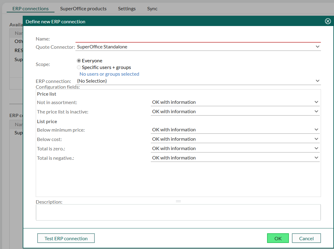 Define ERP connection dialog -screenshot