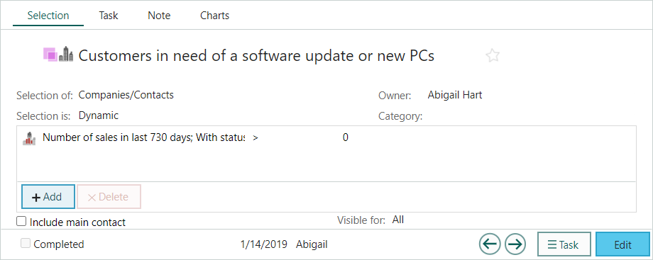 Selection of neglected customers in Settings and Maintenance -screenshot