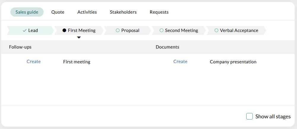 Sales guide section tab showing First Meeting status -screenshot