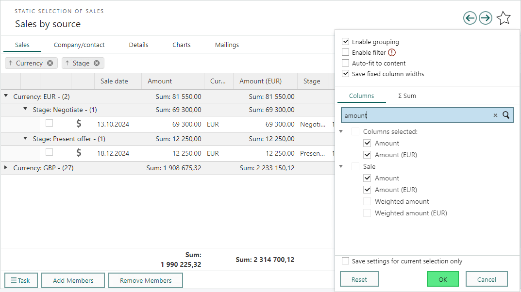 Selection of sales - currency grouping and sum of amount for base currency -screenshot