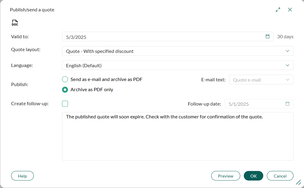 Send quote dialog -screenshot