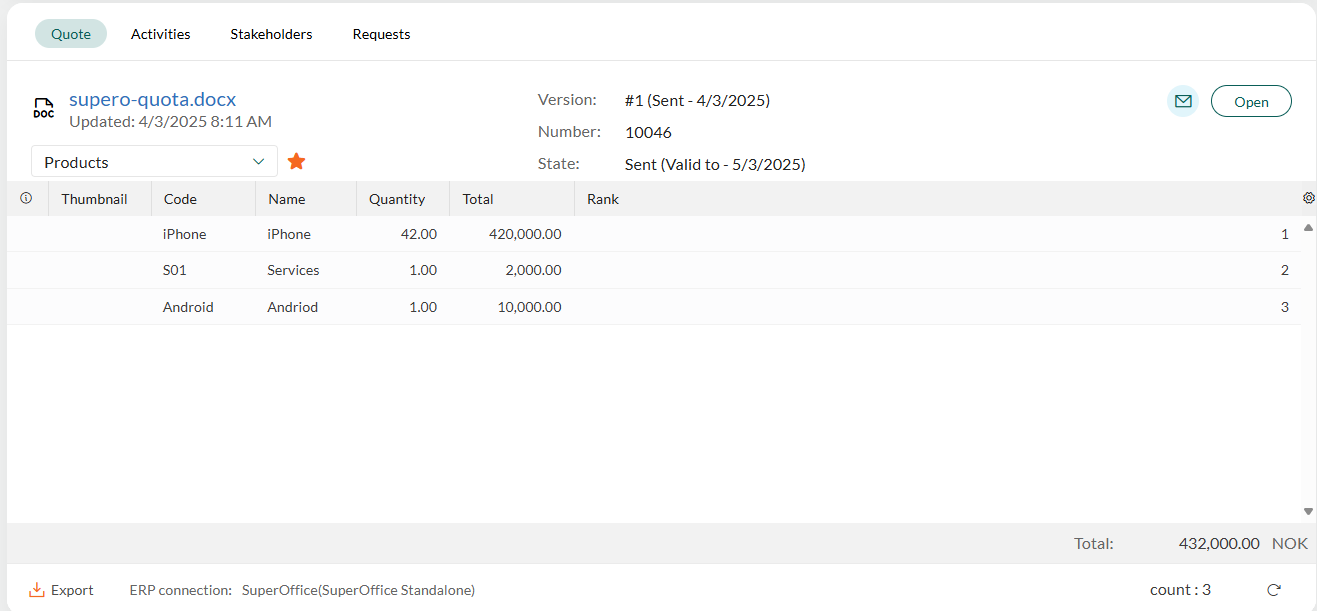 Quote section tab when quote has been sent -screenshot