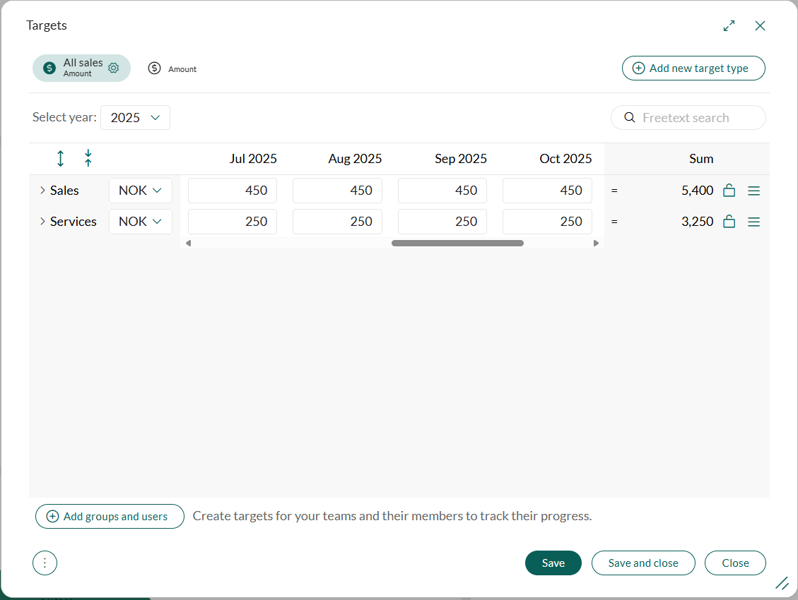 The Target dialogue will give you an overview of the sales targets -screenshot